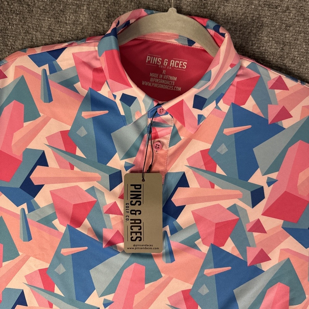 Pins and Aces Floating Geo Polo Men's XL Performance Golf Blue Pink